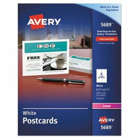 AVERY DENNISON Avery, Postcards For Laser Printers, 4 1/4 X 5 1/2, Uncoated White, 200PK 5689